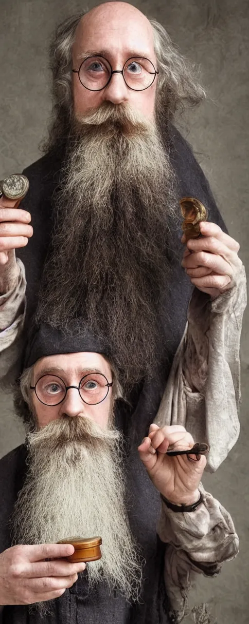 Image similar to aged harry potter with long beards and beautiful mustache, beard balm in his hand