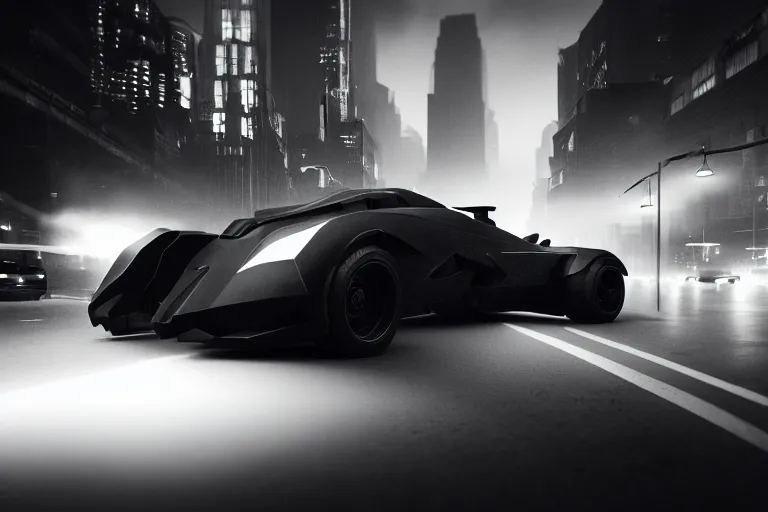 Image similar to the batmobile driving through gotham city at night. fluorescent light. pov from behind the wheel. octane render. 8 k. monochrome. black and white. mist. atmospheric. cinematic. hdr, raytracing, global illumination. a matte painting by ash thorp.