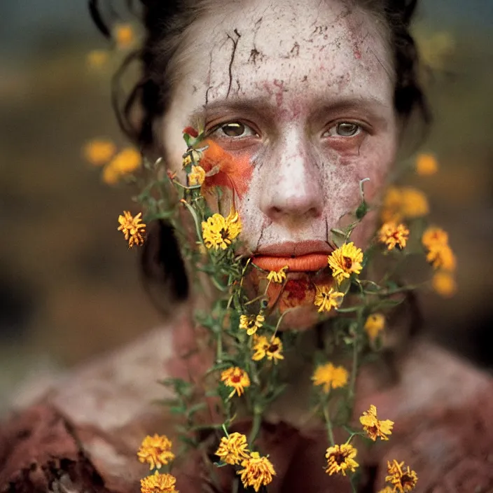 Prompt: closeup portrait of a woman with flowers growing out of her face, standing in a desolate apocalyptic city, by Annie Leibovitz and Steve McCurry, natural light, detailed face, CANON Eos C300, ƒ1.8, 35mm, 8K, medium-format print