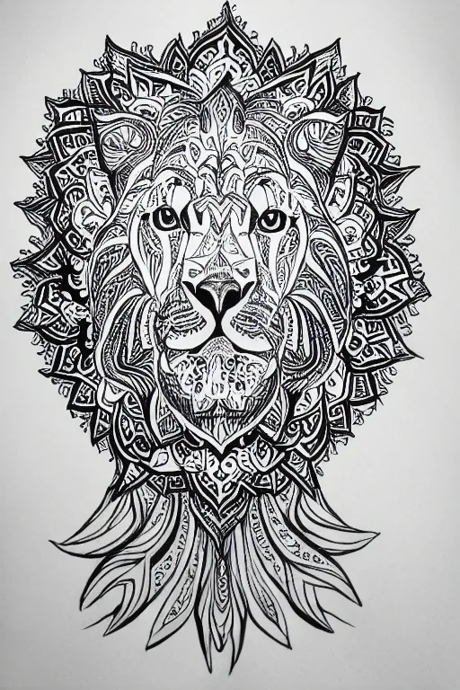 Prompt: symmetric lion mandala ink drawing