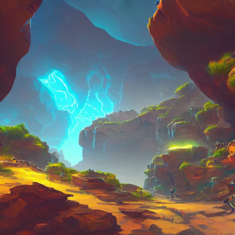 Image similar to marketing game illustration, distortion camera of a scifi road into the rocks canyon very fast feeling in the style of Blizzard and Riot Games