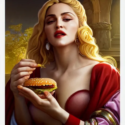 Prompt: portrait of Madonna eating hamburgers, extra onions and ketchup, luscious patty with sesame seeds, feminine ethereal, handsome, D&D, fantasy, intricate, elegant, highly detailed, digital painting, artstation, concept art, matte, sharp focus, illustration, art by Artgerm and Greg Rutkowski and Alphonse Mucha