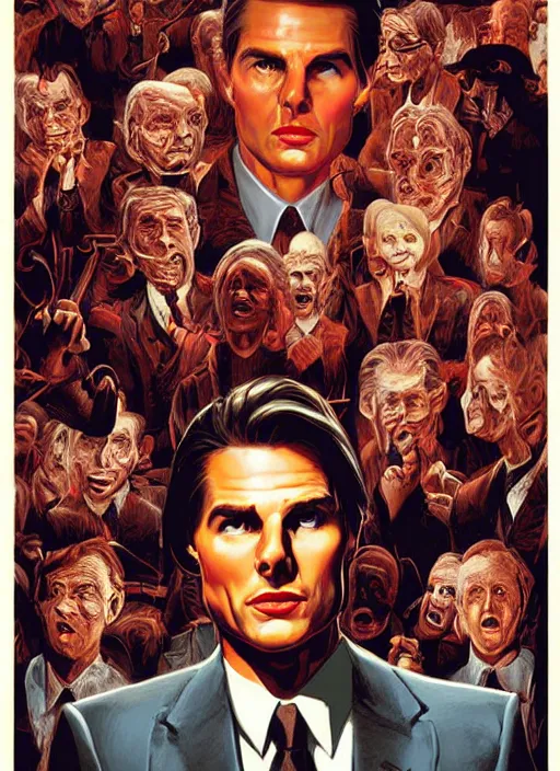 Image similar to small innocent tom cruise evil beings pull the strings, they reach into his mind, twin peaks poster art, from scene from twin peaks, by michael whelan, artgerm, retro, nostalgic, old fashioned, 1 9 8 0 s teen horror novel cover, book