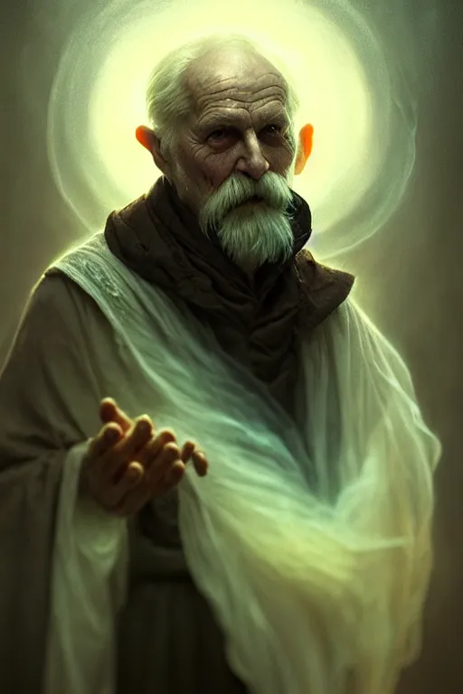 Image similar to photography alexey gurylev, old man, ghostly ghost, mysterious, deep focus, d & d, fantasy, complex, elegant, highly detailed, digital painting, artstation, concept art, matte, clear focus, illustration, hearthstone, artgerm art, greg rutkovsky and alphonse mucha