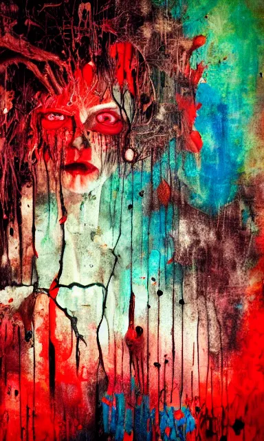 Image similar to deep decaying bleeding colors, dark art painted by a devil, witch patterns and layout