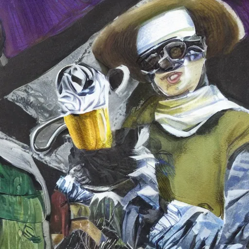 Prompt: a cat wearing a black bucket hat and a black and yellow colored scarf drinking a beer at an outdoor bar, children\'s book watercolor drawing