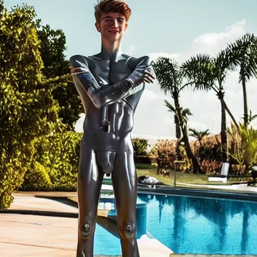 Image similar to “a realistic detailed photo of a guy who is an attractive humanoid who is half robot and half humanoid, who is a male android, twitch streamer Ninja Tyler Blevins, shiny skin, posing like a statue, blank stare, by the pool as a pool boy , display”