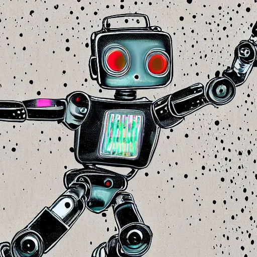 Image similar to A robot dancing in the rain, close-up, highly detailed, illustration