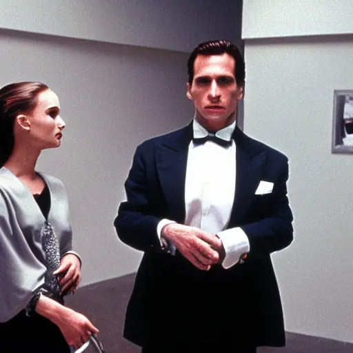 Image similar to patrick bateman on a date with natalie portman, cinematic