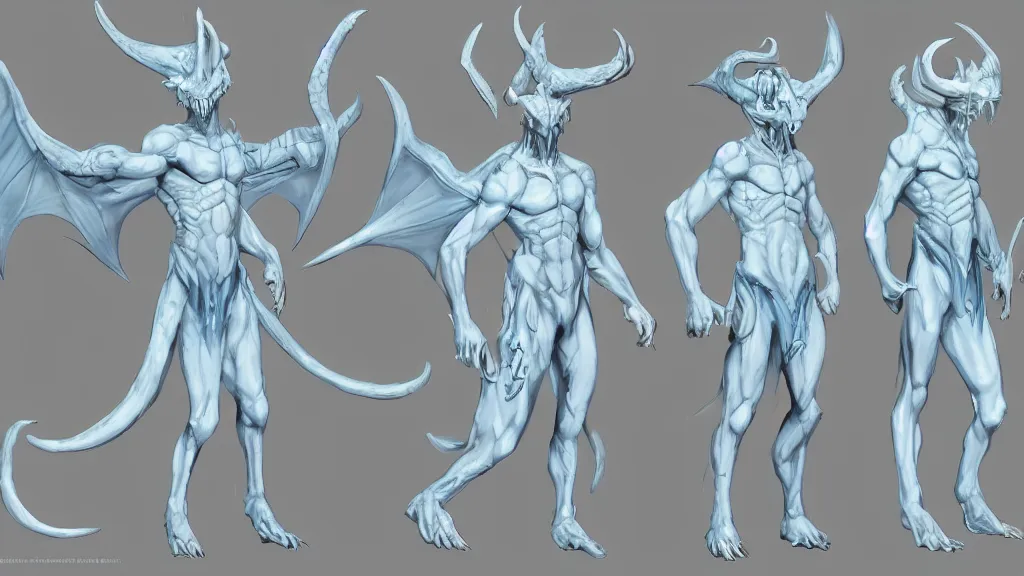 Image similar to a fantasy white and pale blue draconian demon with bright eyes character design sheet, trending on artstation