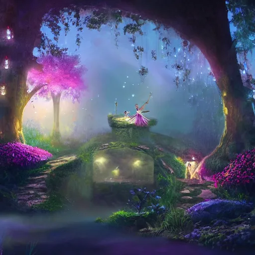 Prompt: fairy glowing magically at night concept art, realistic garden, beautiful, glorious, matte painting, highly detailed, trending on artstation, 4 k