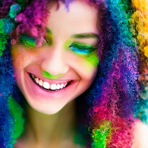 Prompt: a colorful girl with high detail smiles sweetly