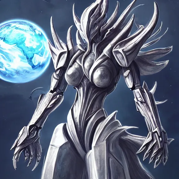 Image similar to giant stunning goddess shot, galactic sized beautiful hot anthropomorphic robot mecha female dragon, floating in space, larger than the planet, holding the earth in her arms, looming over earth, detailed sleek silver armor, epic proportions, epic scale, highly detailed digital art, sci fi, furry art, macro art, dragon art, goddess art, warframe fanart, destiny fanart, anthro, furry, giantess, macro, furaffinity, deviantart, 8k 3D realism