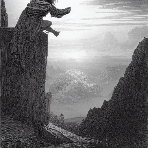 Image similar to A female wanderer looks from a mountaintop, mountains, gorgeous view, velly distant forest, distant city, distant glow, night, moon, dramatic light, Chiaroscuro, long shadows, dark, thunderclouds, masterpiece, high detail, detailed, illustration by Paul Gustave Doré