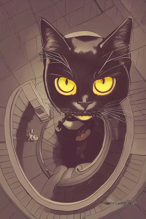 Prompt: black cat with glowing eyes sitting at the bottom of a flight of dimly lit stairs, viewed from above, digital illustration, artstation, artstation hq, hd