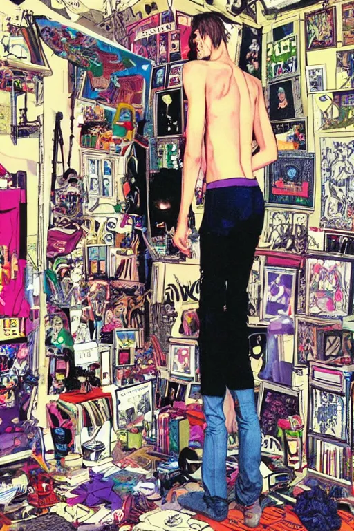 Image similar to a skinny goth guy standing in a cluttered 9 0 s bedroom by jamie hewlett, back view, jamie hewlett art, full body character concept art, vaporwave colors,