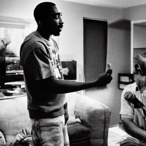 Prompt: photo of 2 pac singing a song to a caucasian man in his house.