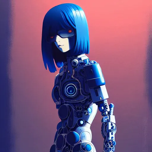 Prompt: cyborg - girl breaking into pieces as it walks down a street, highly detailed, painting, dark blue and black color palette, intricate, high quality anime artstyle, in the style of ilya kuvshinov