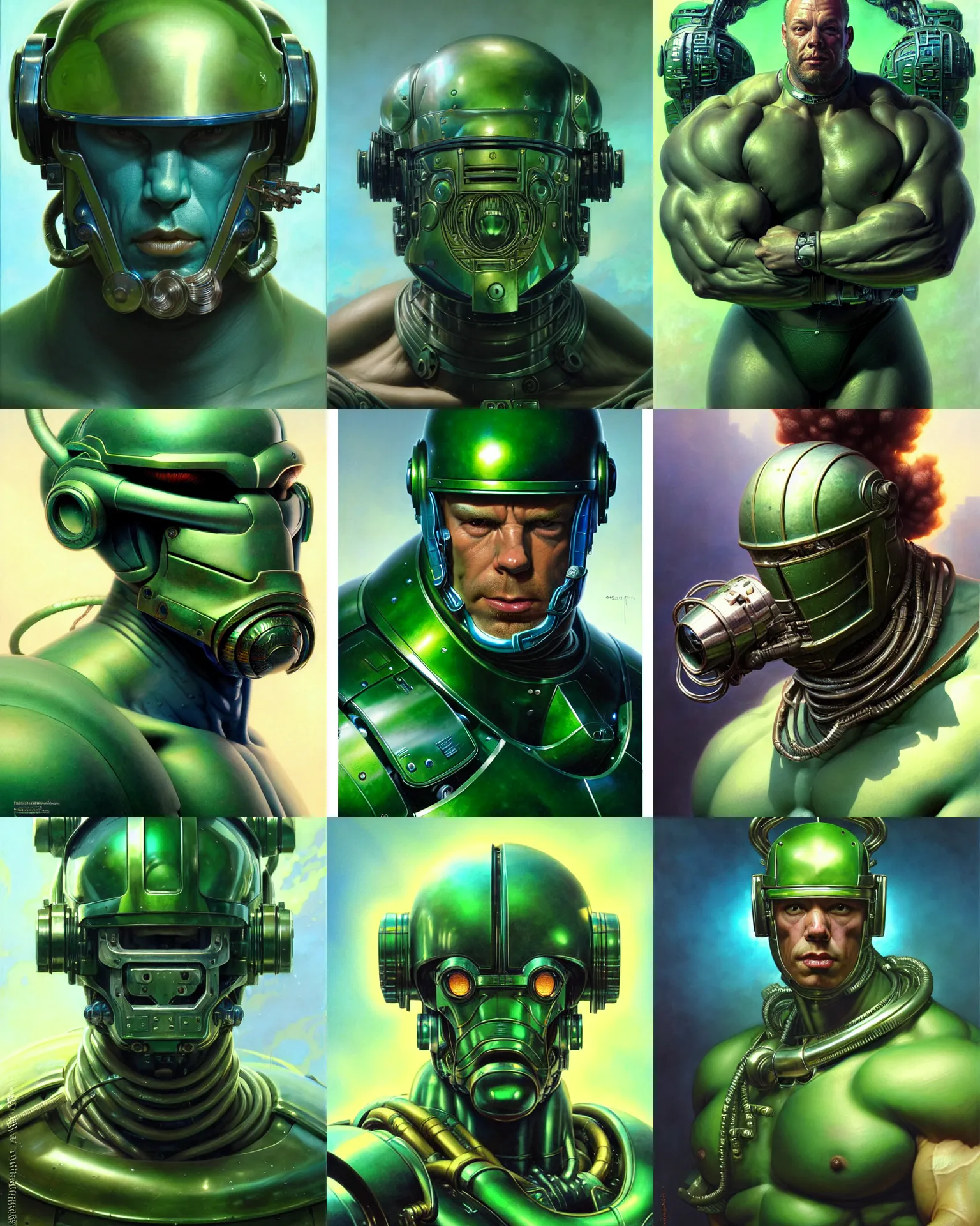 Prompt: solid thick super muscly male portrait, blue helmet, large metal jaw, green skin, ultra realistic, intricate details, the fifth element artifacts, highly detailed by peter mohrbacher, allen williams, hajime sorayama, wayne barlowe, boris vallejo, aaron horkey, gaston bussiere, craig mullins
