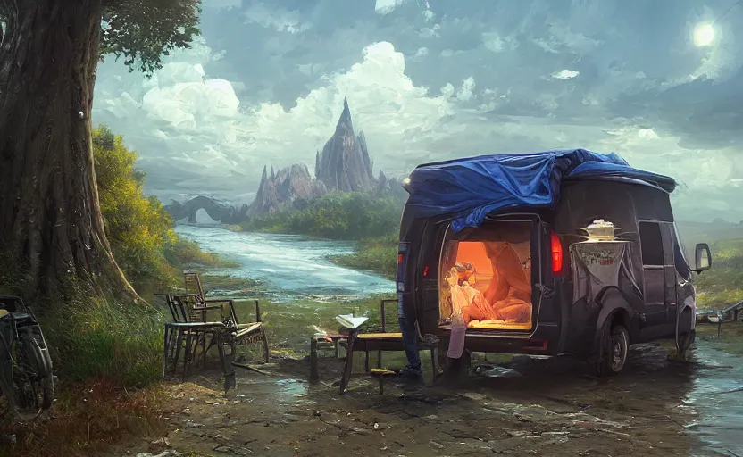 Image similar to highly detailed portrait of donald trump living in a van, down by the river, homeless, stephen bliss, unreal engine, fantasy art by greg rutkowski, loish, rhads, ferdinand knab, makoto shinkai and lois van baarle, ilya kuvshinov, rossdraws, tom bagshaw, global illumination, radiant light, detailed and intricate environment