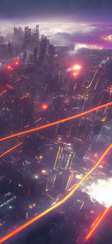 Image similar to unreal engine 5 render of a city with lasers coming out of the clouds, digital art ”