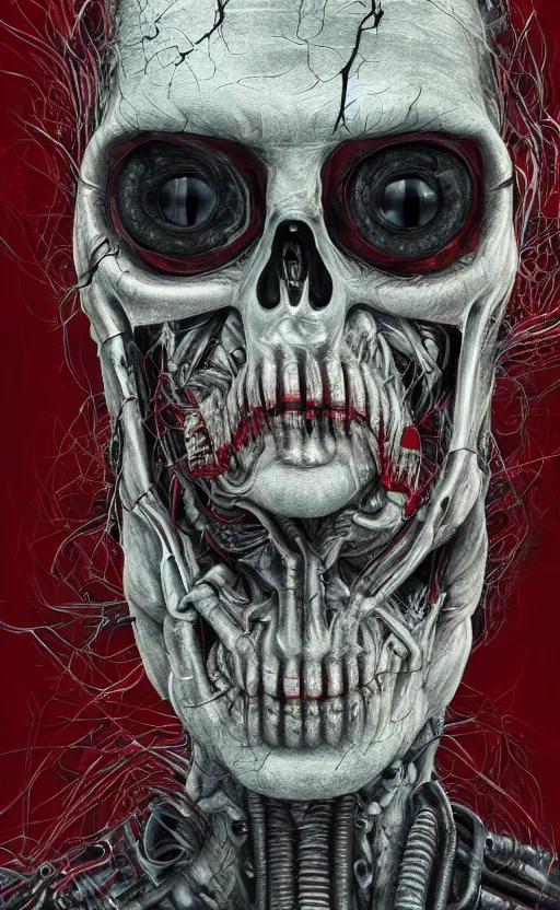 Image similar to portrait of terminator, glowing red eyes, by wayne barlow, stanley donwood, anton semenov, zdzislaw bekinski, hr giger, 8 k, fantasy, dark, highly detailed