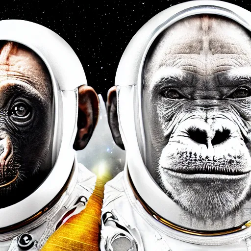 Image similar to double exposure portrait split in the middle of a astronaut and one chimpanzee in a suit posing with space in the background, pencil sketch, high definition, dynamic lighting stars, sharpness, golden ratio