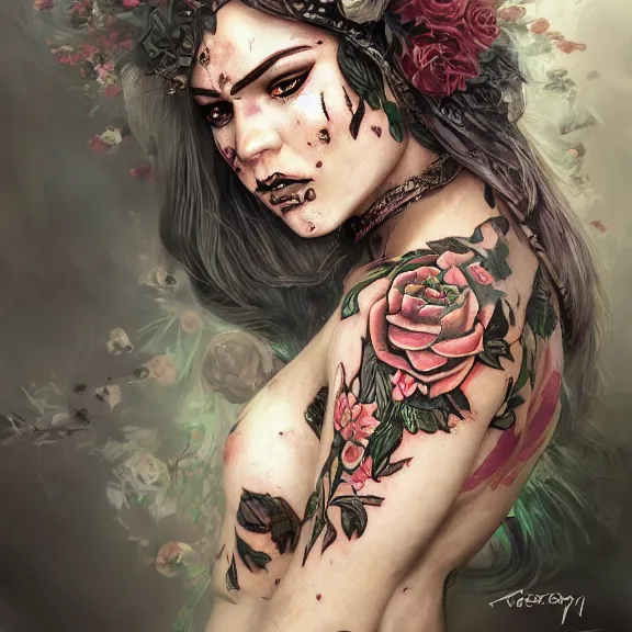 Prompt: Rebeca Ferguson as a female warrior, body covered in floral tattoos, D&D, fantasy, highly detailed, digital art, trending on artstation, smooth, sharp focus, illustration, art by Peter Tang and artgem