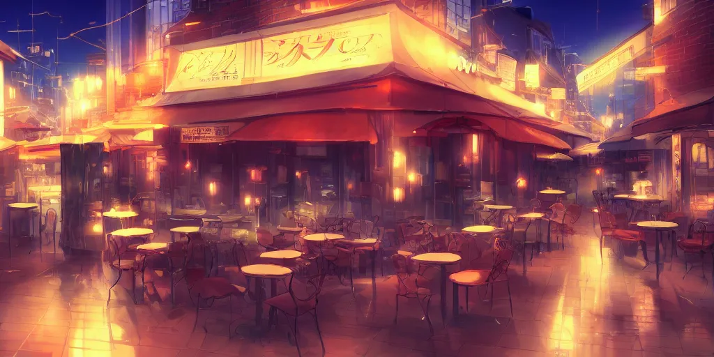 Prompt: beautiful anime background of a cafe at night, award - winning digital art, makoto shinkai