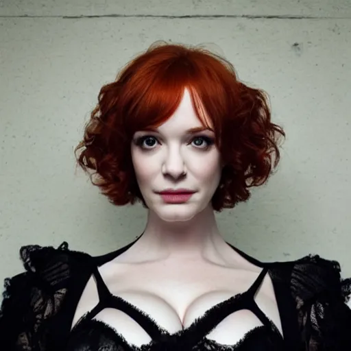 Image similar to symmetry!! christina hendricks!!! full frontal body photography of christina, blushing, perfect facial symmetry, dim volumetric cinematic lighting, 8 k, post - processing, extremely hyper - detailed, intricate, epic composition, masterpiece, stunning,