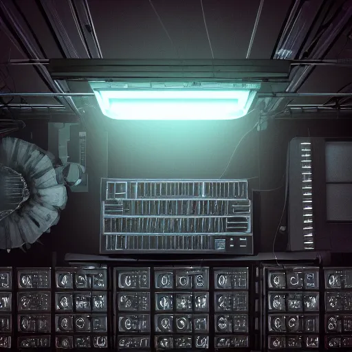 Prompt: Sci-fi Computer, dark light, view from above, in dark room, horror, detailed, 8k, intricate