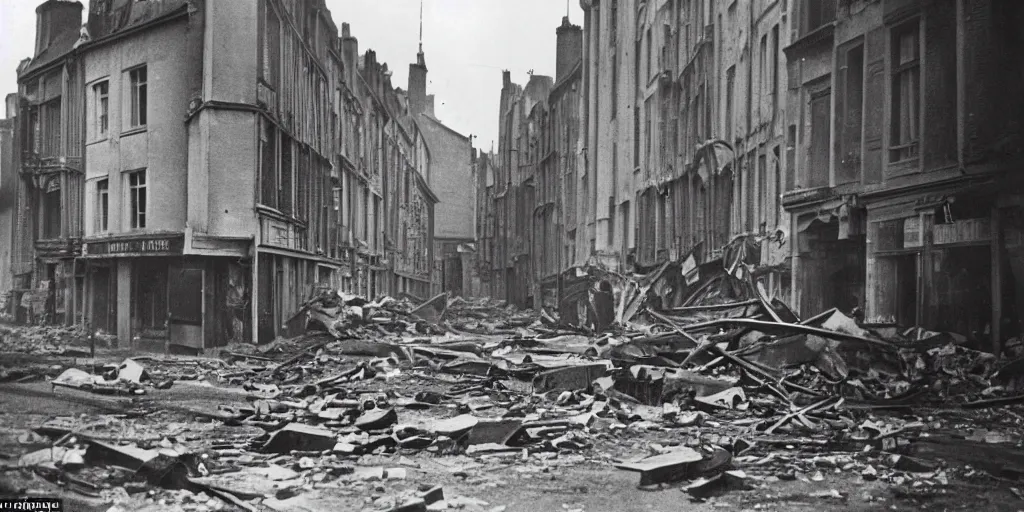 Image similar to a colour night photo of the street of saint - malo after being bombed with pocket of fire in 1 9 4 5