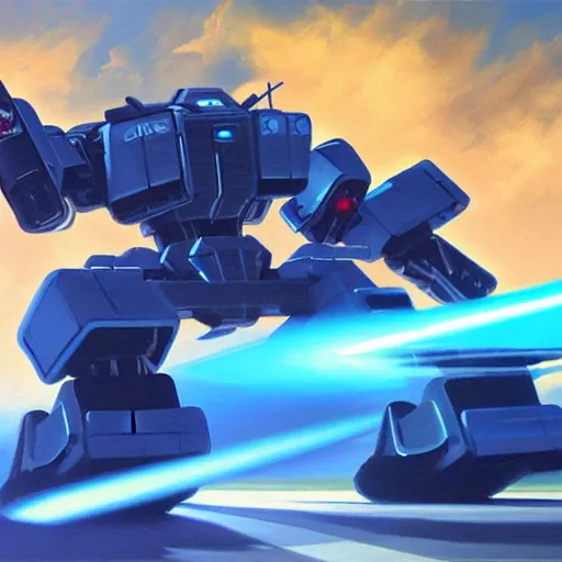 Image similar to Highly detailed oil painting, of a giant mech launching missiles and firing lasers at a moving blue sports car, concept art, highly detailed.