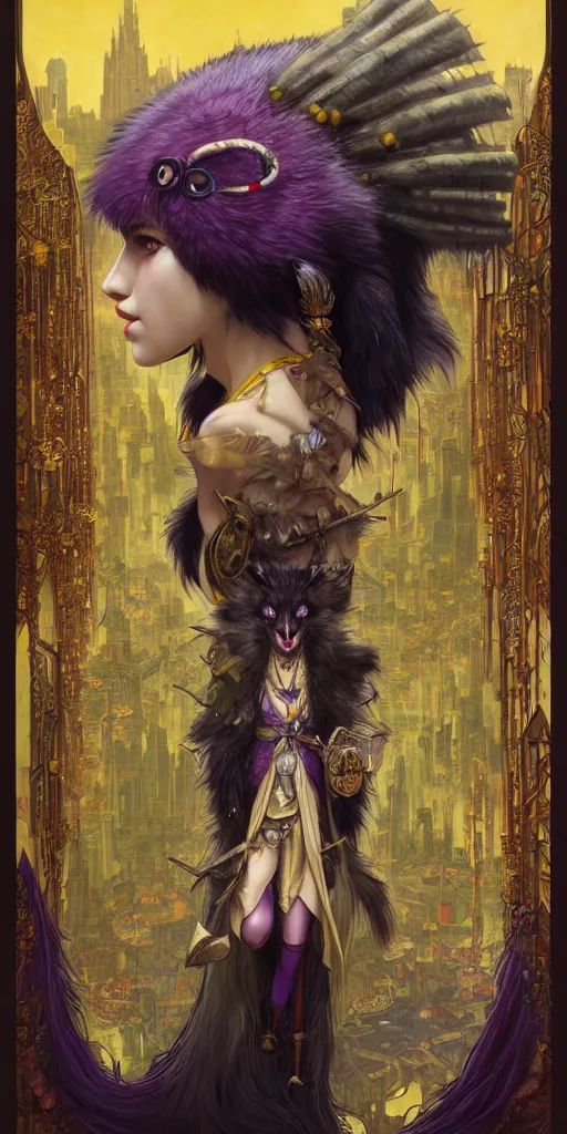 Image similar to hyper realistic Princess Mononoke in her mask, busy metropolis, city landscape, wolves, magic, castle, jewels, style of tom bagshaw, mucha, james gurney, norman rockwell, gems and gold, waterfalls, denoised, sharp, yellow purple and black colours,