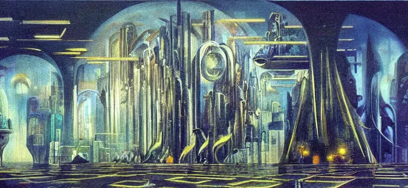 Image similar to beautiful masterpiece painting of a futuristic city under the sea, cyberpunk, by Remedios Varo 8k,