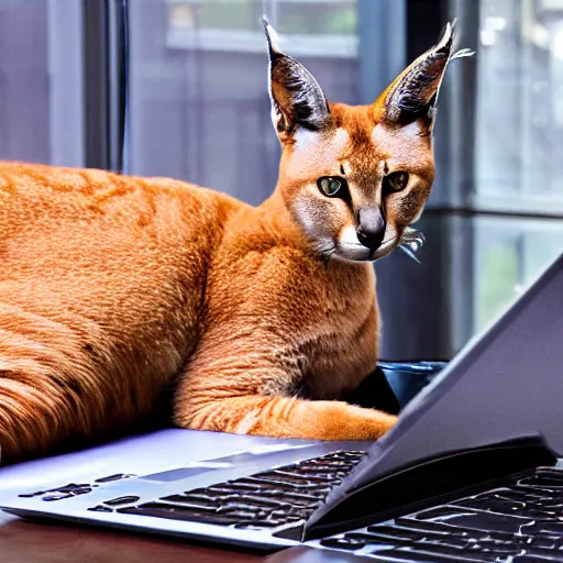 Image similar to cat caracal sitting in front of a laptop and typing something