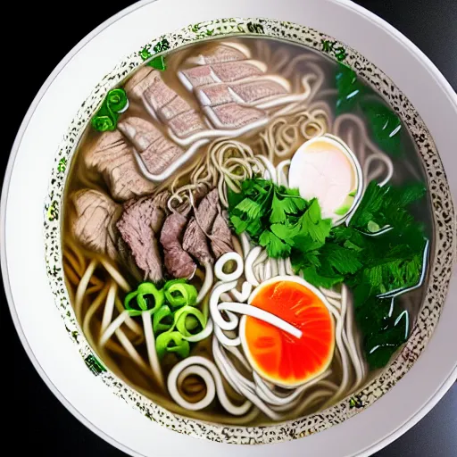 Image similar to flatlay realistic photo of delicious pho, ramen, aesthetic table cloth, highly detailed, by marc haydon, kailee mandel, masterpiece, 8 k hd, award winning, artstation,