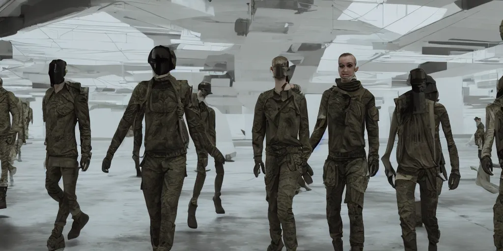 Image similar to Fashion Catwalk inside military base, dystopian photography, High Quality Rendering, Octane, Redshift, 8k