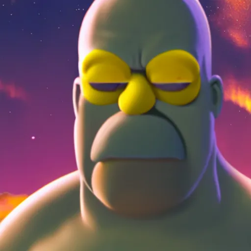 Image similar to CG lifelike Homer Simpson as Thanos, cinematic, 4K