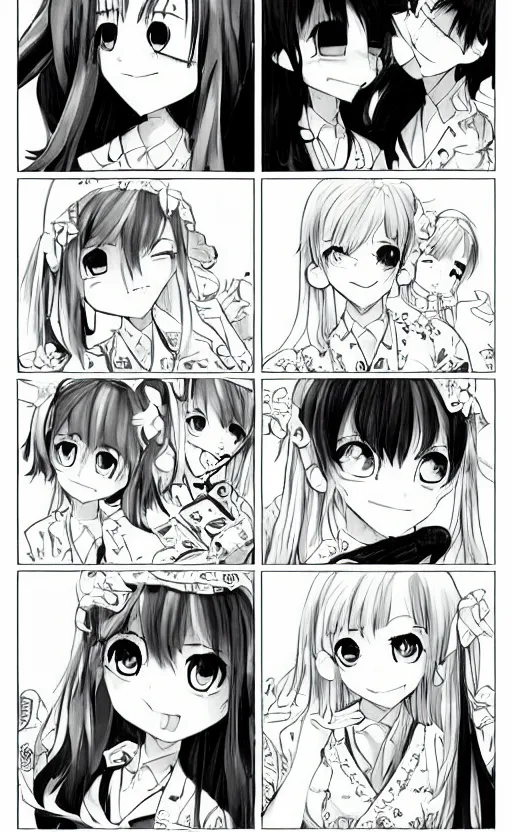 Image similar to a page of multi-panel shoujo!! ai school!! manga, black and white chibi manga!!! style, kawaii manga, japanese text kanji