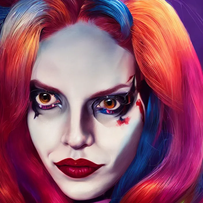 Prompt: portrait of lana del ray as a harley quinn. intricate abstract. intricate artwork. nightmare fuel. by Tooth Wu, wlop, beeple, dan mumford. octane render, trending on artstation, greg rutkowski very coherent symmetrical artwork. cinematic, hyper realism, high detail, octane render, 8k, iridescent accents