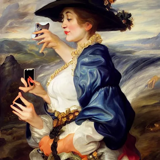 Image similar to heavenly summer sharp land sphere scallop well dressed lady taking a selfie with her iphone auslese, by peter paul rubens and eugene delacroix and karol bak, hyperrealism, digital illustration, fauvist, iphone