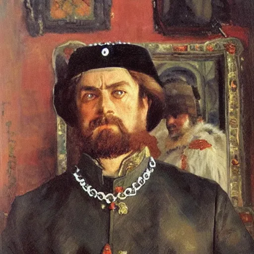 Image similar to portrait of tsar in Cap of Monomakh Ivan the Terrible watching smartphone masterpiece painting by vasnetsov and surikov, JEAN-VICTOR BERTIN, by Terence Cuneo, detailed, artfully traced, 4k resolution, cinematic, dramatic