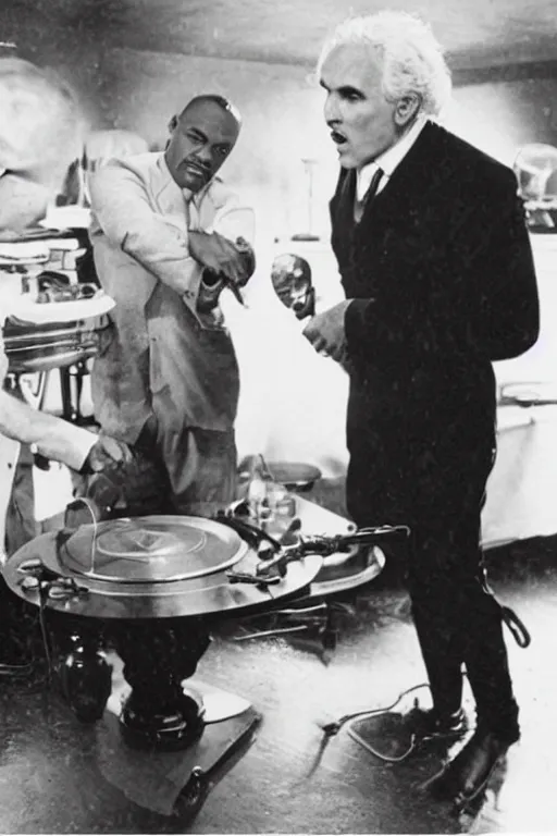 Prompt: arturo tuscanini and dr dre working on a rap song, making spaghetti, lifelike, in a rain storm