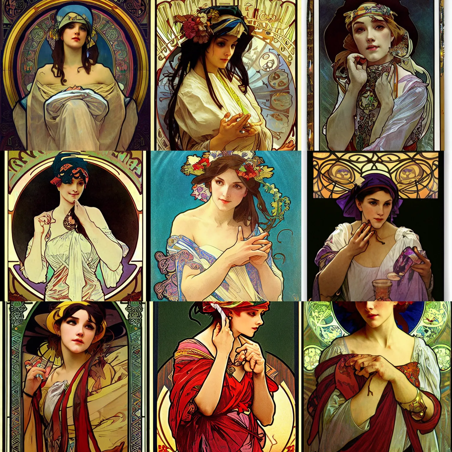 Prompt: a fortune teller, artgerm, alphonse mucha