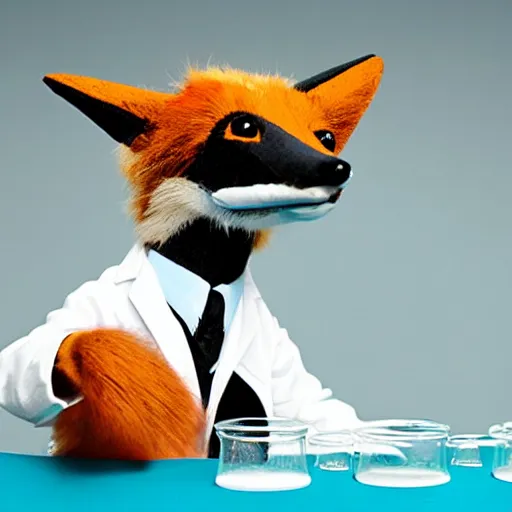 Prompt: Quadruped Fox in a lab coat, conducting experiments with strange coloured fluids in test tubes