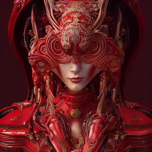 Prompt: The red female alien, intricated traditional Chinese textures, rococo decorations, hyper detail, Unreal engine,Octane render, by Karol Bak