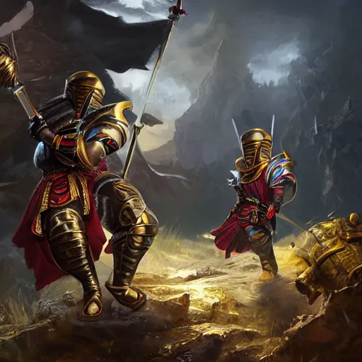 Prompt: a young black boy dressed like a moorish knight in gold armor and a crown with a ruby, charging through a dragons lair, Apex Legends character digital illustration portrait design, by adi granov, dramatic lighting, wide angle dynamic action shot