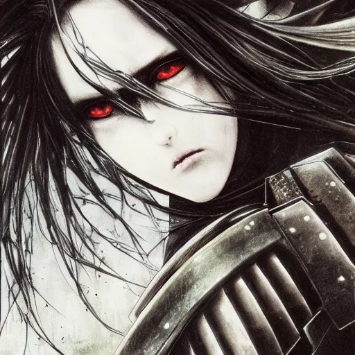 Image similar to yoshitaka amano realistic illustration of an anime girl with wavy white hair and cracks on her face wearing elden ring armour with the cape fluttering in the wind, abstract black and white patterns on the background, noisy film grain effect, highly detailed, renaissance oil painting, weird portrait angle