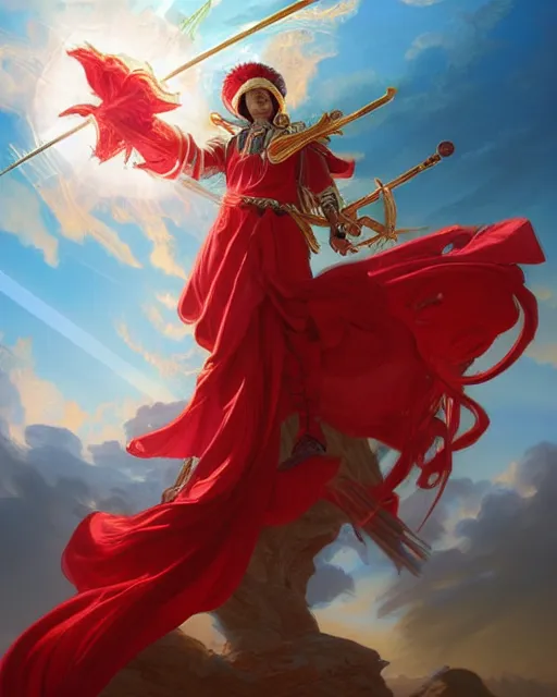 Image similar to A Full View of a Red Mage wearing red white and gold striped magical shining Conquistador armor and a feathered hat holding a staff of power with a gemstone topper surrounded by an epic cloudscape. Magus. Red Wizard. masterpiece. 4k digital illustration. by Ruan Jia and Artgerm and Andreas Rocha and William-Adolphe Bouguereau and Edmund Blair Leighton, award winning, Artstation, intricate details, realistic, Hyperdetailed, 8k resolution